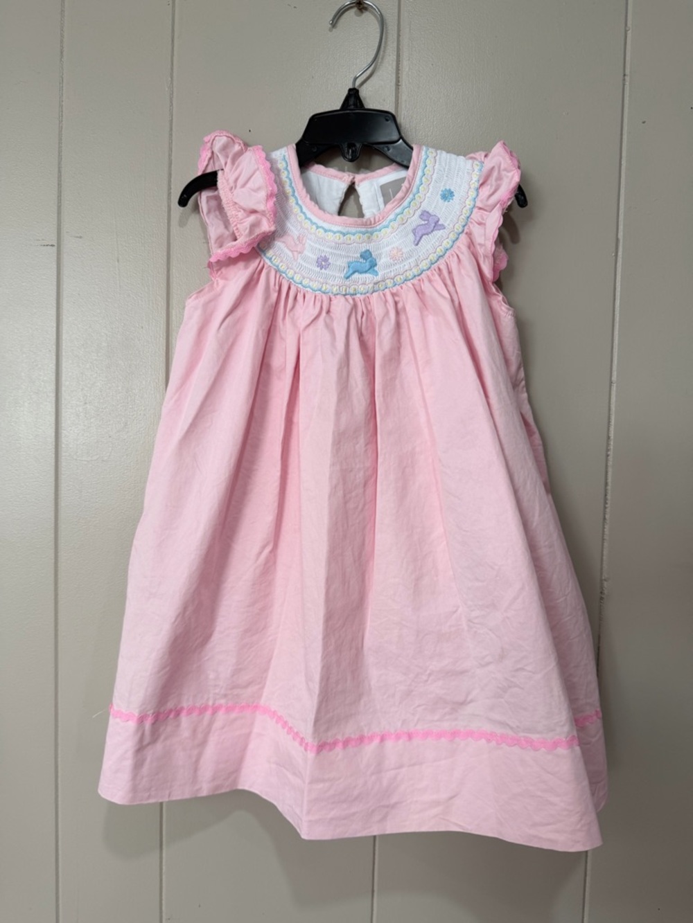 Pink Smocked Flutter Sleeve Dress with Pastel Bunny Embroidery